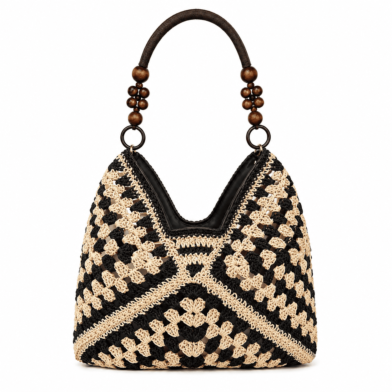 Crochet Granny Square Tote Bag with Wood Bead Handles | Women's Shoulder Bag