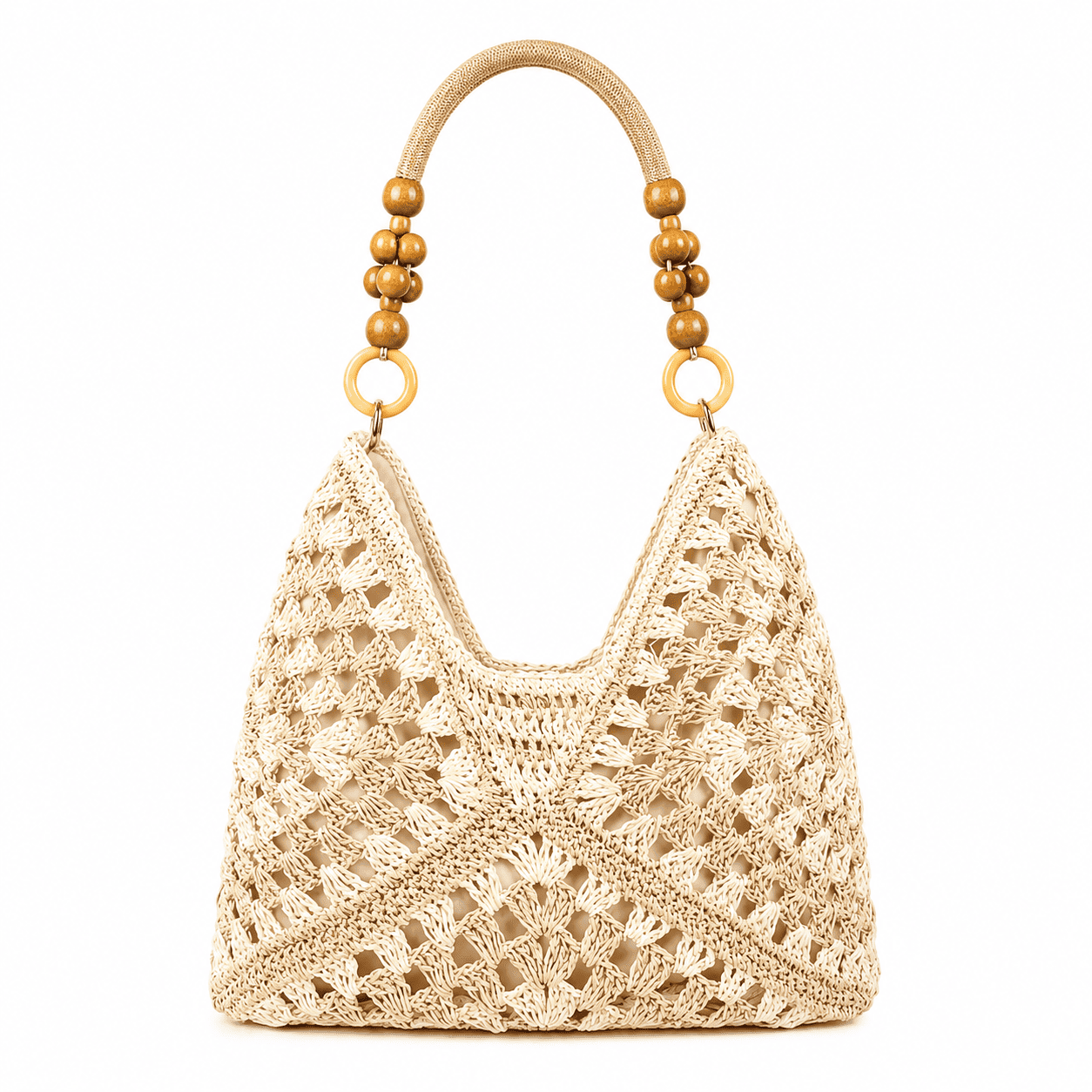 Crochet Granny Square Tote Bag with Wood Bead Handles | Women's Shoulder Bag